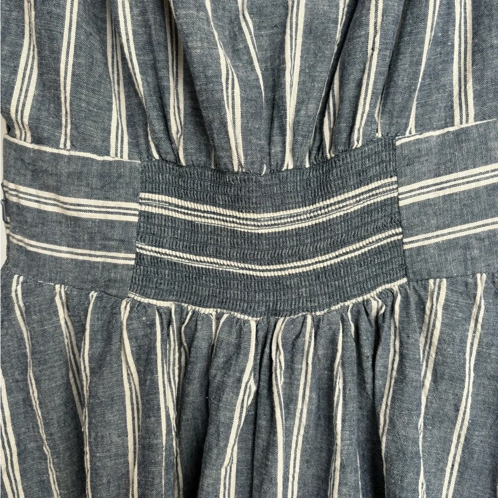 Free People Linen ‘Roll the Dice’ Striped Fit Flare Plunge Neck Flare Mini Dress